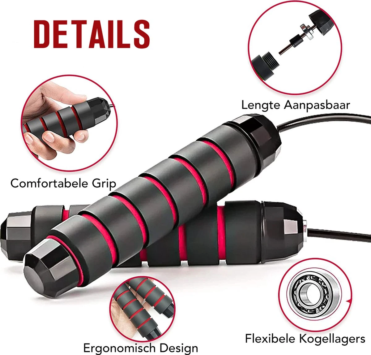 FitBoostR - 2 Stuks - Professioneel Springtouw Met Extra Gewicht - Sport - Verstelbaar - Verzwaard - Rood - Volwassen En Kinderen - Touwtje Springen - Speedrope Conditie & Krachttraining - Thuis Oefeningen & Buitensport Fitness Artikelen - Afbeelding 3