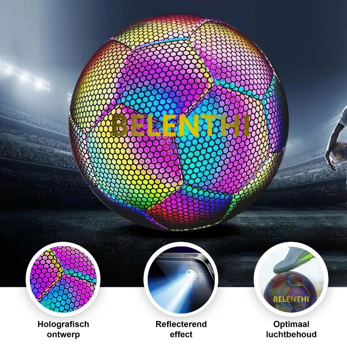 Belenthi Lichtgevende Voetbal - Glow In The Dark Bal - Lichtgevende Bal - Holografisch - Reflecterend - Afbeelding 2