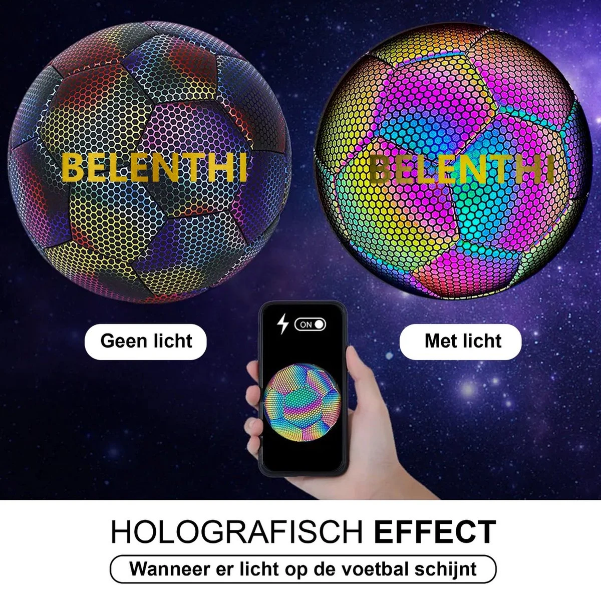 Belenthi Lichtgevende Voetbal - Glow In The Dark Bal - Lichtgevende Bal - Holografisch - Reflecterend - Afbeelding 5