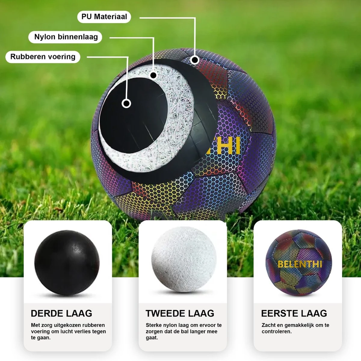Belenthi Lichtgevende Voetbal - Glow In The Dark Bal - Lichtgevende Bal - Holografisch - Reflecterend - Afbeelding 7