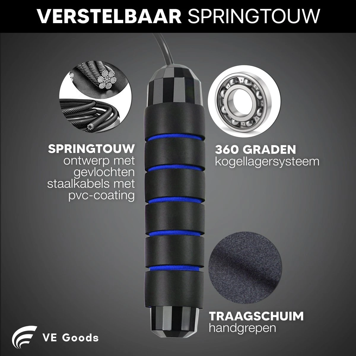 Verstelbaar Sport Springtouw - Incl. Opbergtas - Springtouw Met Kogellagers - Springtouw Kind - Speed Rope - Jump Rope - Springtouw Volwassenen - Springtouw Kinderen - Blauw - 3m Lengte - Totaal 335g (Incl. 160g Extra) - Afbeelding 4